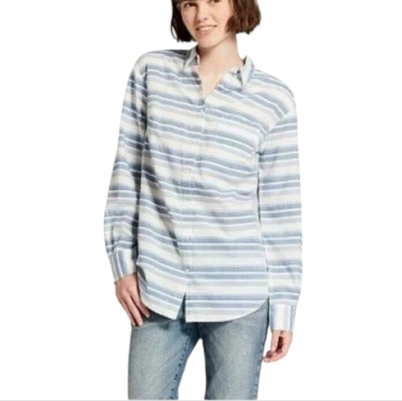 A New Day Womens Striped Tunic Button Down Shirt Oversized XS Blue White Pocket. - Picture 1 of 11